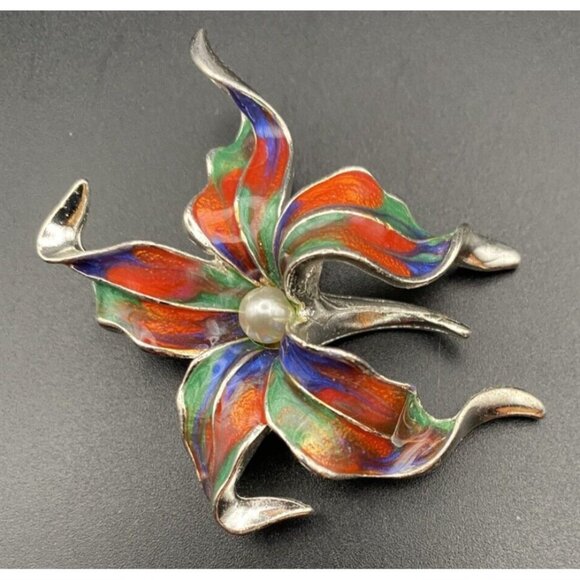 Unbranded Jewelry - Vtg Brooch Marbled Red Blue Green Multicolor Enamel Silver Tone Flower 2.25"